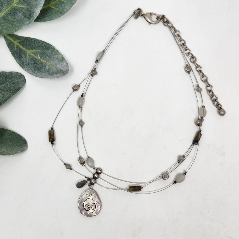 CHICOS Necklace Womens White Green Beads Silver Tone Wire Layered Strands 15-20"